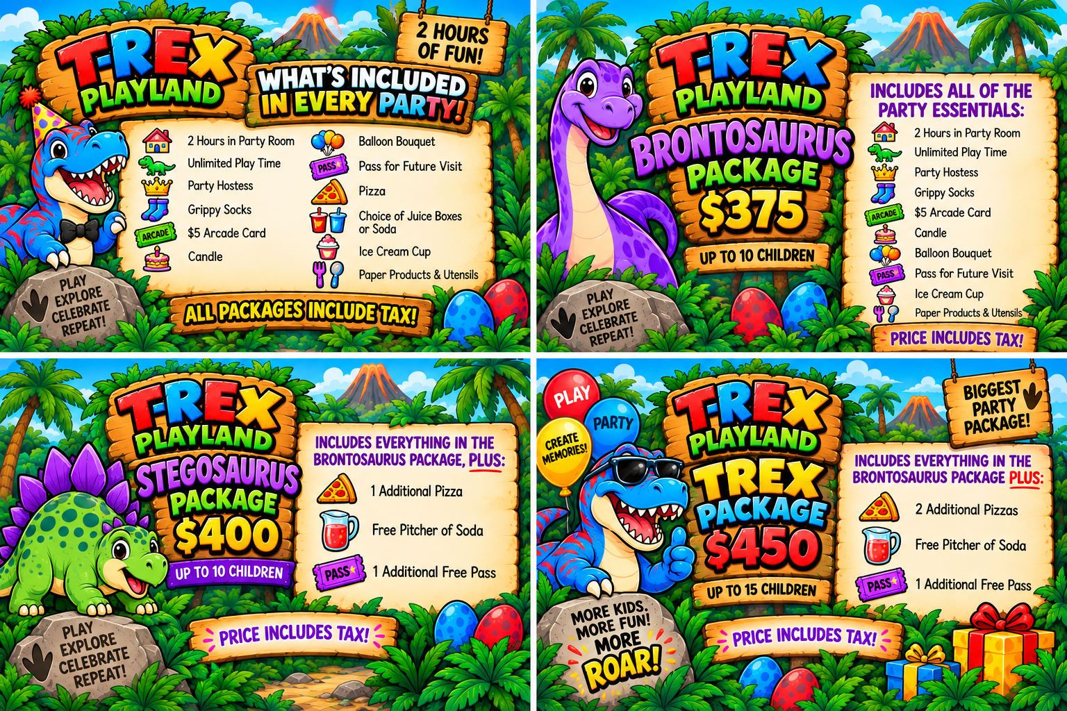 Trex Playland birthday party packages and what's included in every party