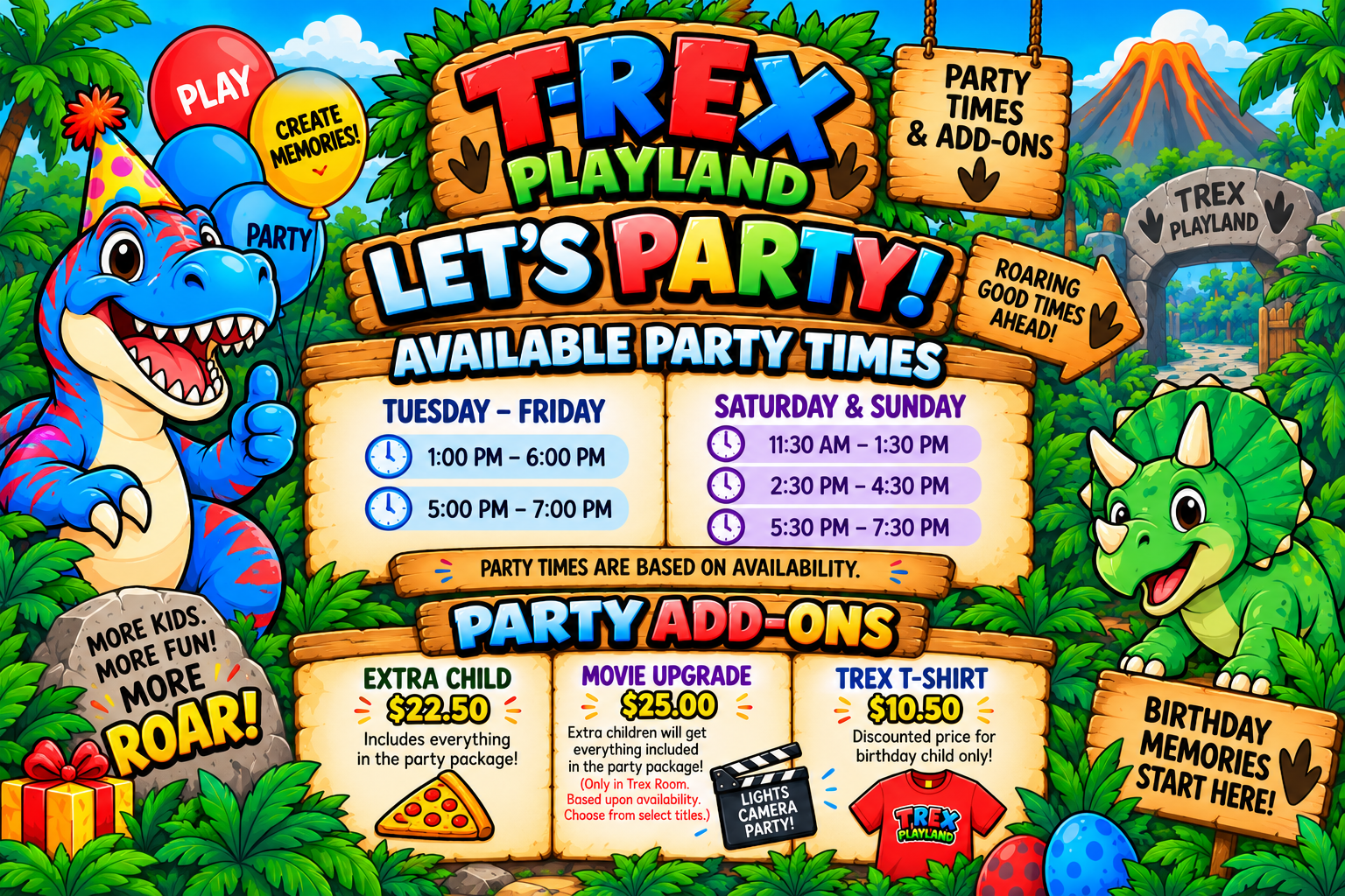 Trex Playland available party times and party add-ons including extra child, movie upgrade, and T-shirt options